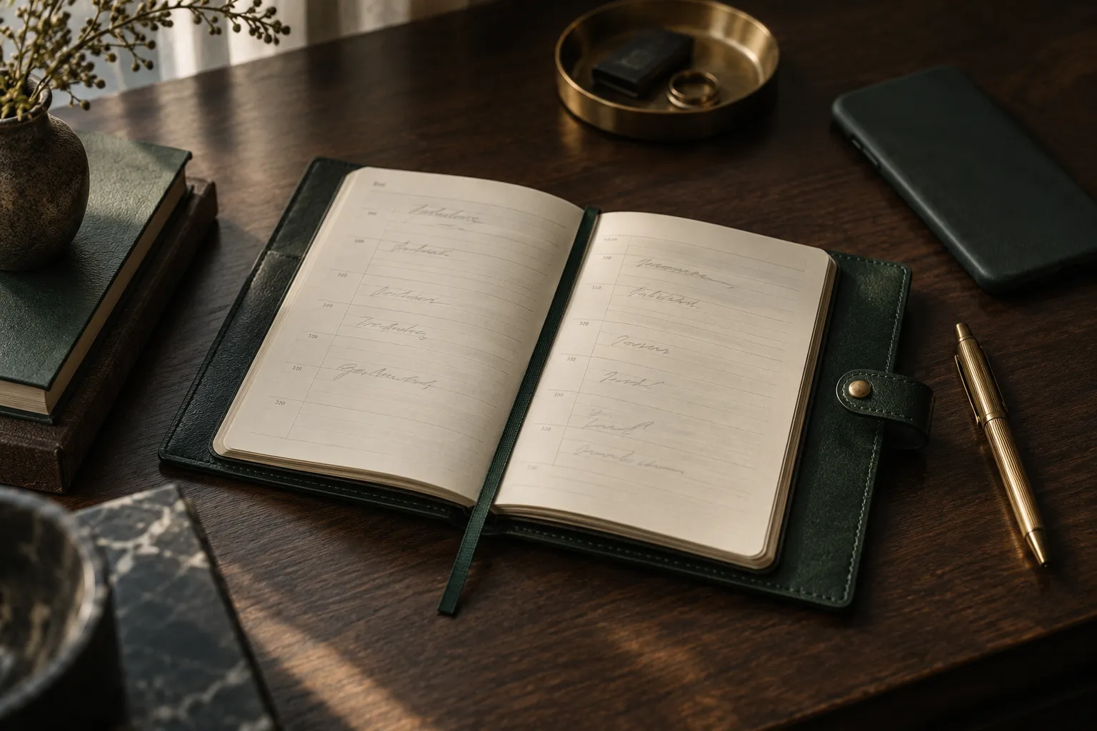 Leather appointment planner and phone for booking a Mansfield notary visit