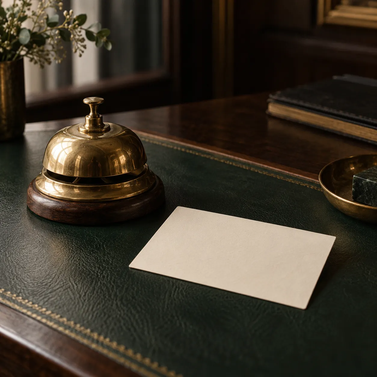 Brass desk bell and appointment card for booking a notary in Arlington, Texas
