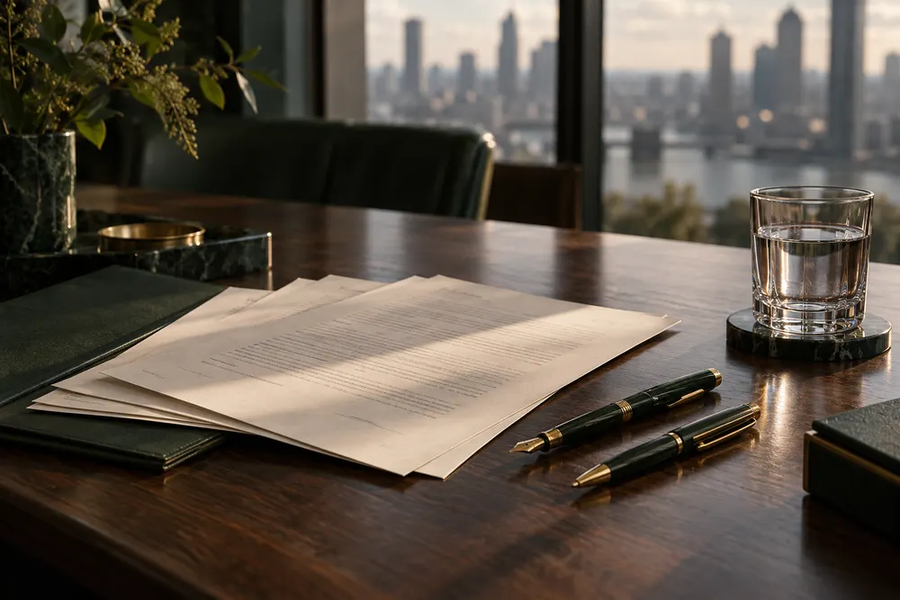 Business agreement pages and pens on a Dallas conference table ready for notarization