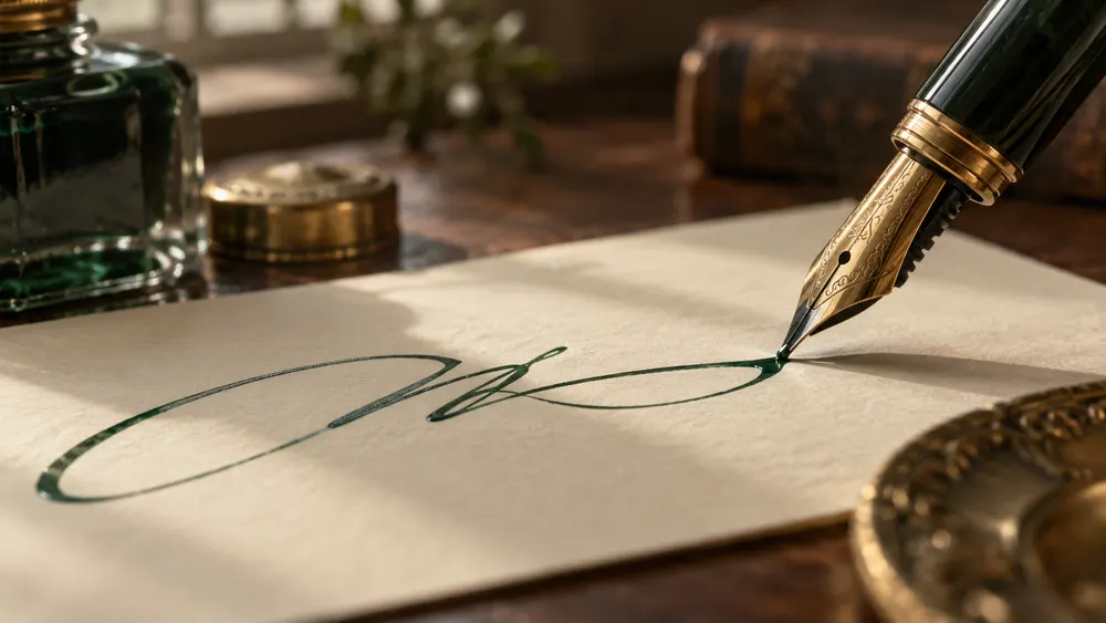 Fountain pen writing a signature during a Notable Notary appointment
