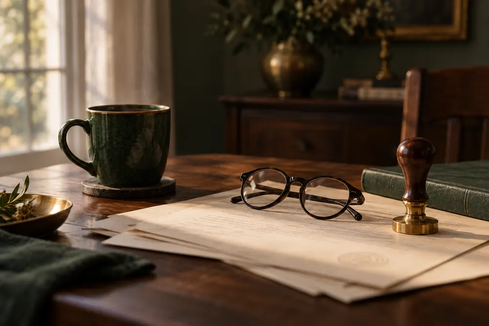 Documents laid out for an in-home notary signing in Fort Worth