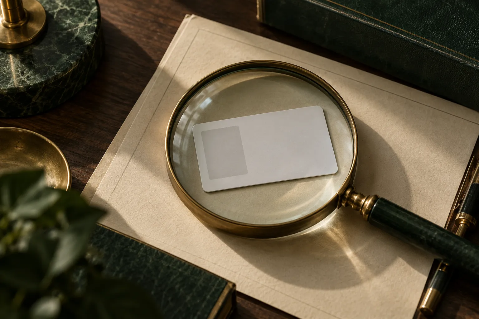 Brass magnifying glass over a photo ID during notary identity verification