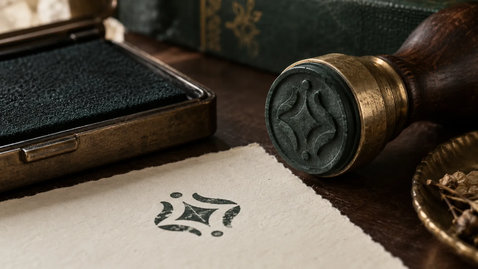 Close-up of a notary rubber stamp and ink pad