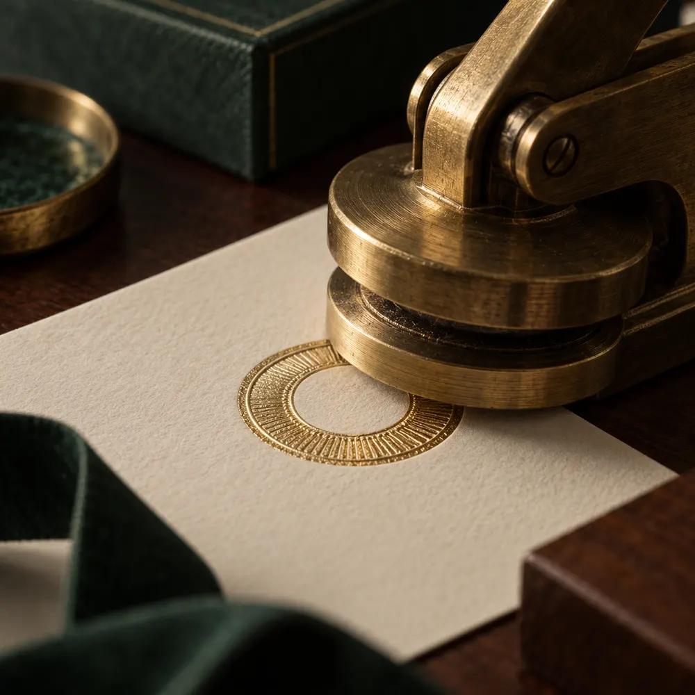 Brass notary embosser crimping a gold foil seal, part of every Notable Notary kit