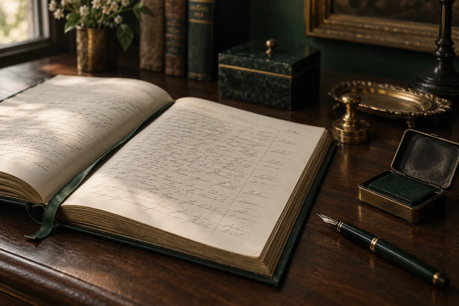 Open notary record journal with a thumbprint pad and pen on a desk in Dallas