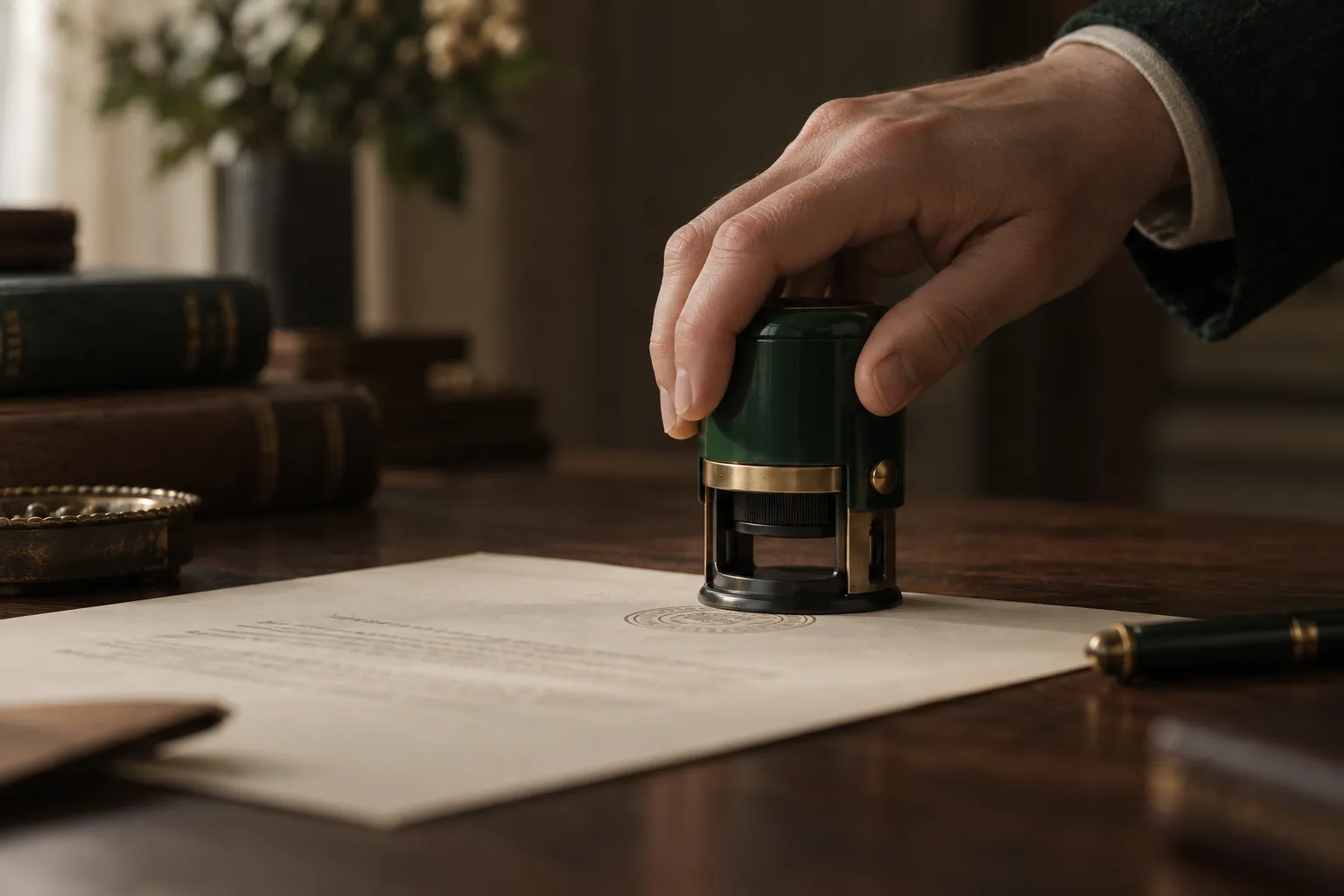 Notary pressing an inked stamp onto a signed acknowledgment in Arlington, Texas