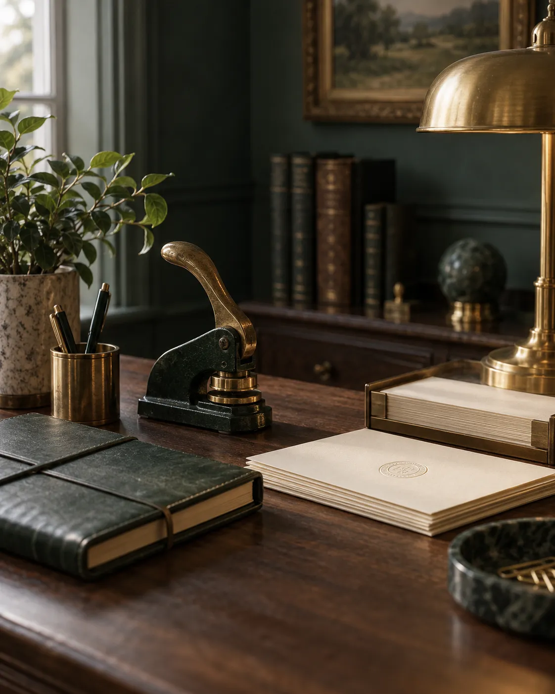 Notable Notary desk with seal, journal and cream stationery in Arlington, Texas