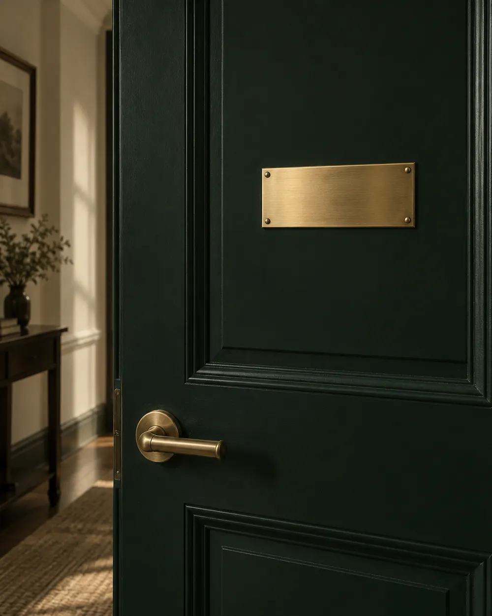 Green office door with brass plaque in Irving for a business notary appointment