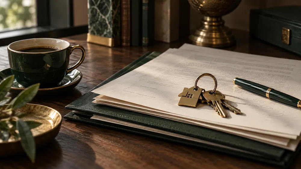 Real estate closing table with loan documents and house keys in Mansfield, Texas