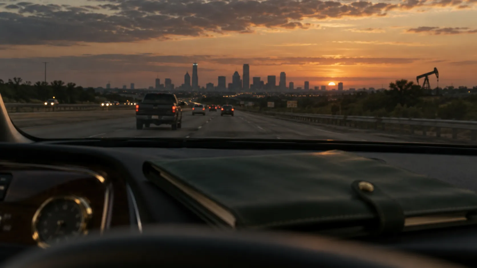 Texas highway at dusk on the way to a mobile notary appointment in the DFW area