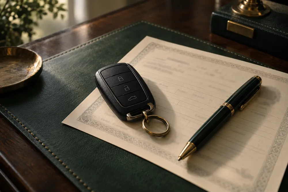 Car key fob resting on a vehicle title document ready for notarization in Grand Prairie