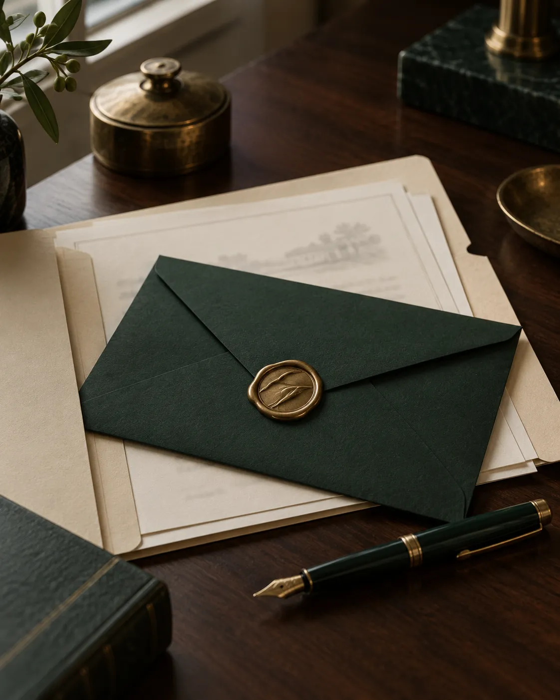 Estate documents in a cream folder beside a green wax-sealed envelope in Irving